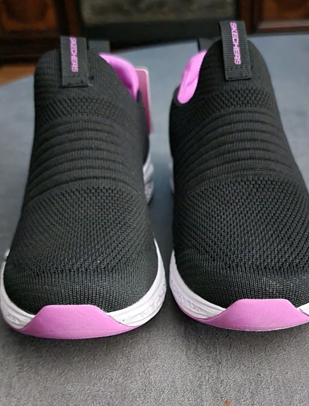 Skechers Black and Pink Slip-On Knit Sneakers with Air-Cooled Memory Foam